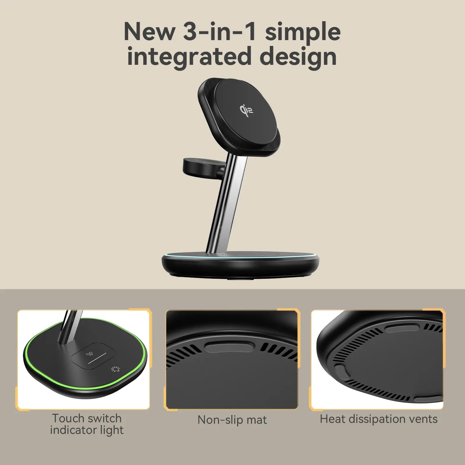 Qi2 3 in 1 Wireless Charging Station, Certified 15W Fast Wireless Charger for Iphone 16/15/15 Pro/14/13/12, Apple Watch, Airpods, Magnetic Charger for Iphone with Sleep Friendly Light (Black, Qi2)