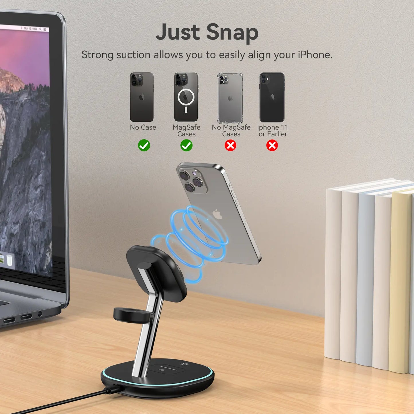 Qi2 3 in 1 Wireless Charging Station, Certified 15W Fast Wireless Charger for Iphone 16/15/15 Pro/14/13/12, Apple Watch, Airpods, Magnetic Charger for Iphone with Sleep Friendly Light (Black, Qi2)