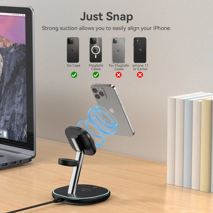 Qi2 3 in 1 Wireless Charging Station, Certified 15W Fast Wireless Charger for Iphone 16/15/15 Pro/14/13/12, Apple Watch, Airpods, Magnetic Charger for Iphone with Sleep Friendly Light (Black, Qi2)