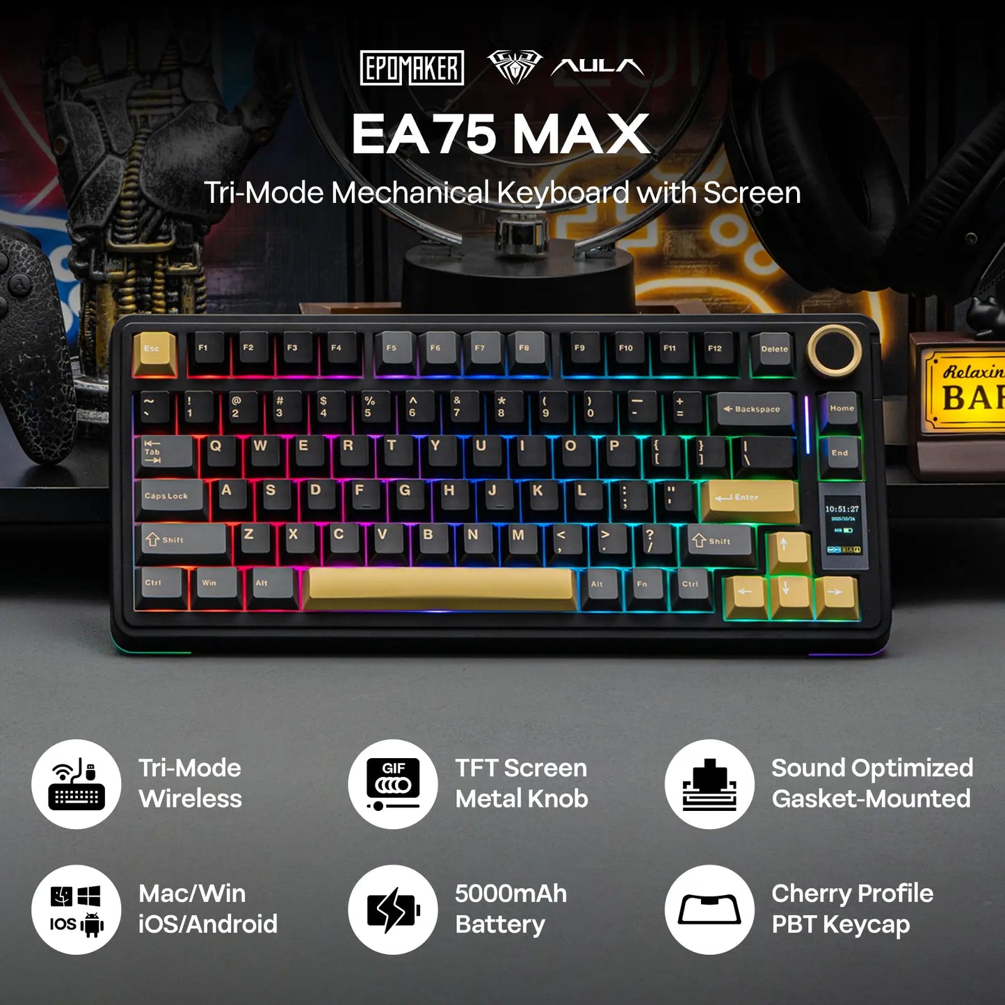 EPOMAKER X Aula EA75 MAX Wireless 75% Mechanical Keyboard Gasket Gaming Keyboard with Screen & Knob Hot-Swappable Lubed Switches RGB Backlit PBT Keycaps Tri-Mode USB-C/BT 5.0/2.4Ghz Keyboards Gaming Keyboards for Gaming Creamy Keyboard