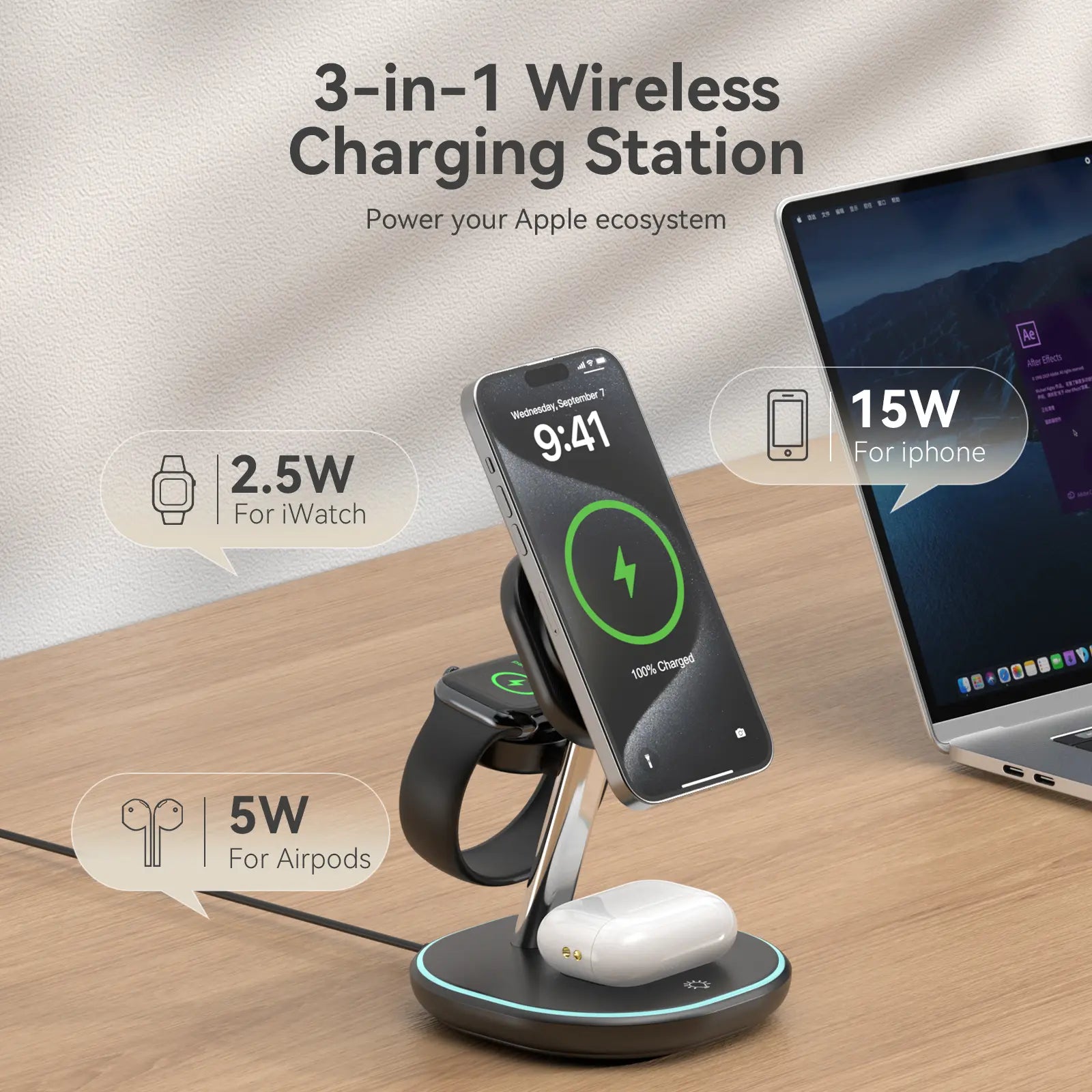 Qi2 3 in 1 Wireless Charging Station, Certified 15W Fast Wireless Charger for Iphone 16/15/15 Pro/14/13/12, Apple Watch, Airpods, Magnetic Charger for Iphone with Sleep Friendly Light (Black, Qi2)
