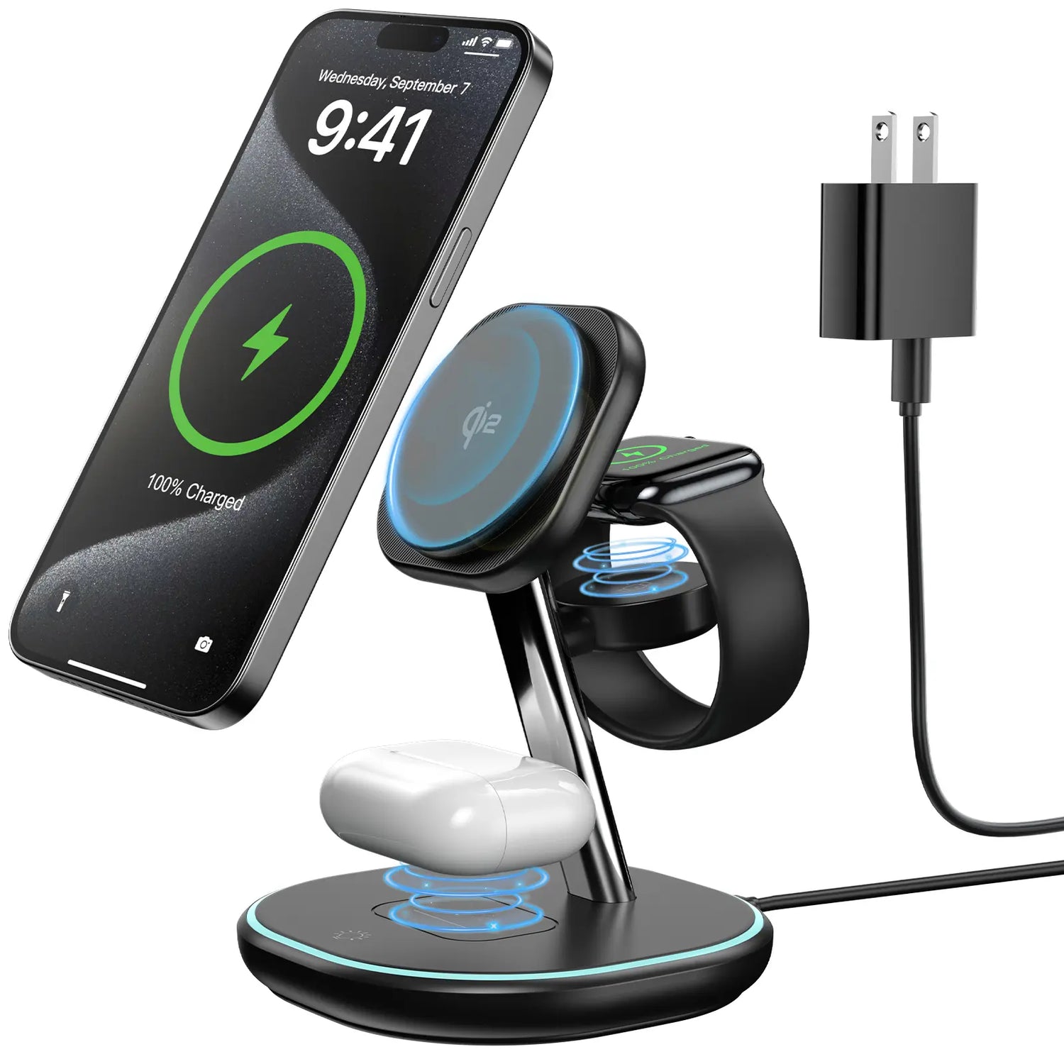 Qi2 3 in 1 Wireless Charging Station, Certified 15W Fast Wireless Charger for Iphone 16/15/15 Pro/14/13/12, Apple Watch, Airpods, Magnetic Charger for Iphone with Sleep Friendly Light (Black, Qi2)