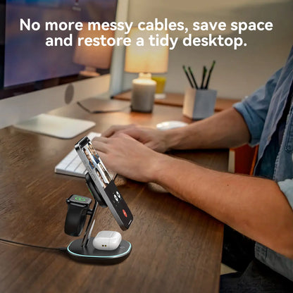 Qi2 3 in 1 Wireless Charging Station, Certified 15W Fast Wireless Charger for Iphone 16/15/15 Pro/14/13/12, Apple Watch, Airpods, Magnetic Charger for Iphone with Sleep Friendly Light (Black, Qi2)