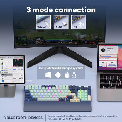 ROYAL KLUDGE 96 RGB Tri-Mode BT5.0/2.4G/USB-C Hot-Swappable Mechanical Keyboard 96 Keys Bluetooth Wireless Gaming Keyboard